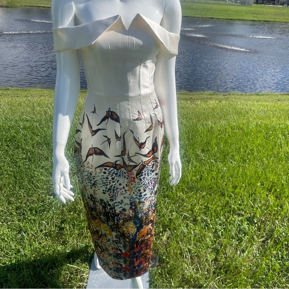 Off-Shoulder White Dress with Bird Print